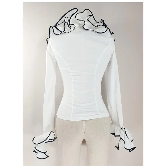 Anne Fontaine White and Black Ruffled Long Sleeve Blouse